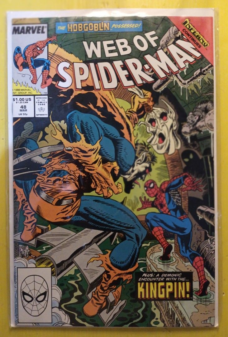 WEB OF SPIDERMAN COMICS (Category: Comics & Manga) located in Marikina City. Submitted by ferdzramos3691 (Listing ID 1384655709, Image 3). Description: Selling Web of Spider-man #47 and #48 set. Tie-in comics to the Inferno Storyline Event; ● Web of Spider-Man #47 - "The Face in the Mirror", story written by Gerry Conway, illustrated by Alex Saviuk with Keith Williams as inker. Cover Art by Alex Saviuk. Marvel Comics, Year 1989. ● Web of Spider-M
