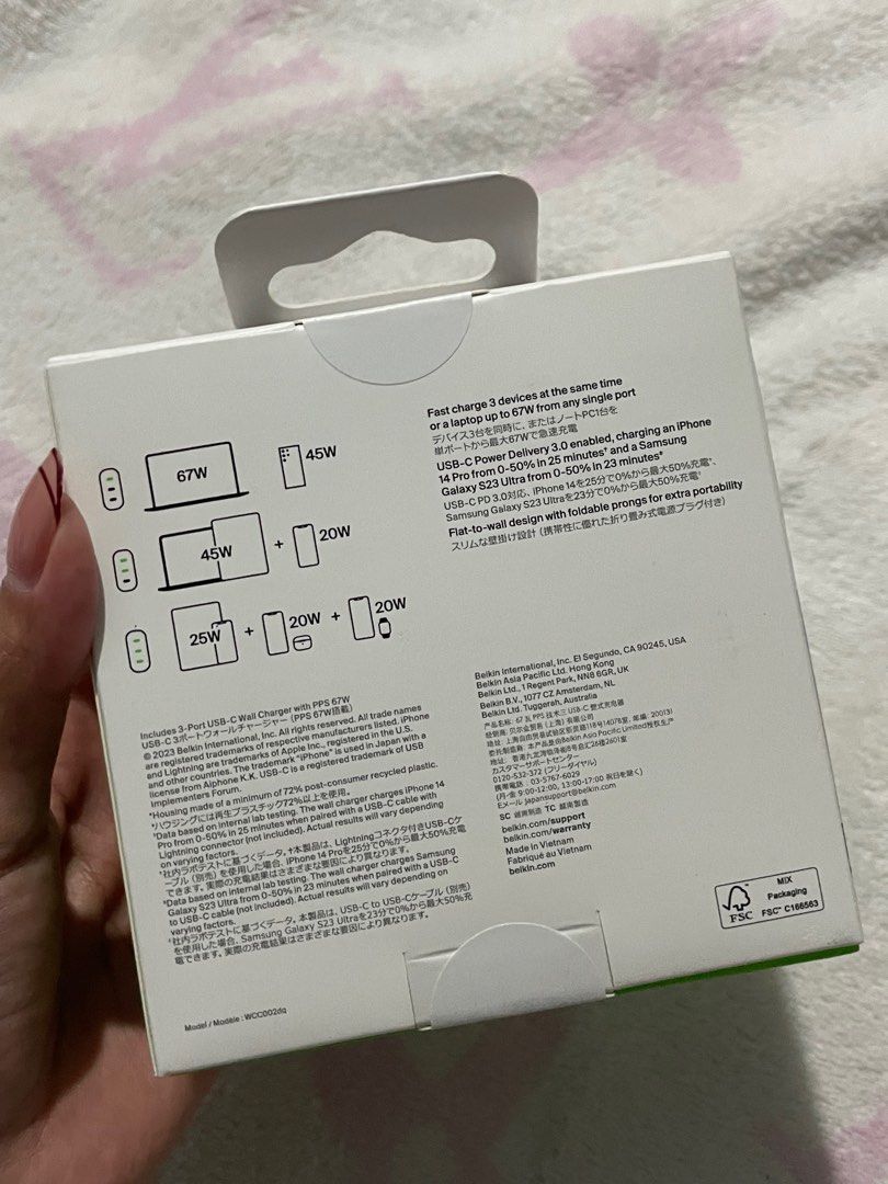Belkin 3-port USB C wall charger (Category: Electrical, Adaptors & Sockets) located in Valenzuela. Submitted by riri_21 (Listing ID 1384964407, Image 3). Description: BRANDNEW SEALED BELKIN BOOST CHARGE 3-Port USB C Wall Charger * 3x USB-C ports * Fast charge three devices at once * Charge a laptop up to 67W when using a single port * Charge an iPhone 14 Pro from 0-50% in 25 minutes t and a Samsung Galaxy S23 Ultra from 0-50% in 23 minutes‡ * Sup