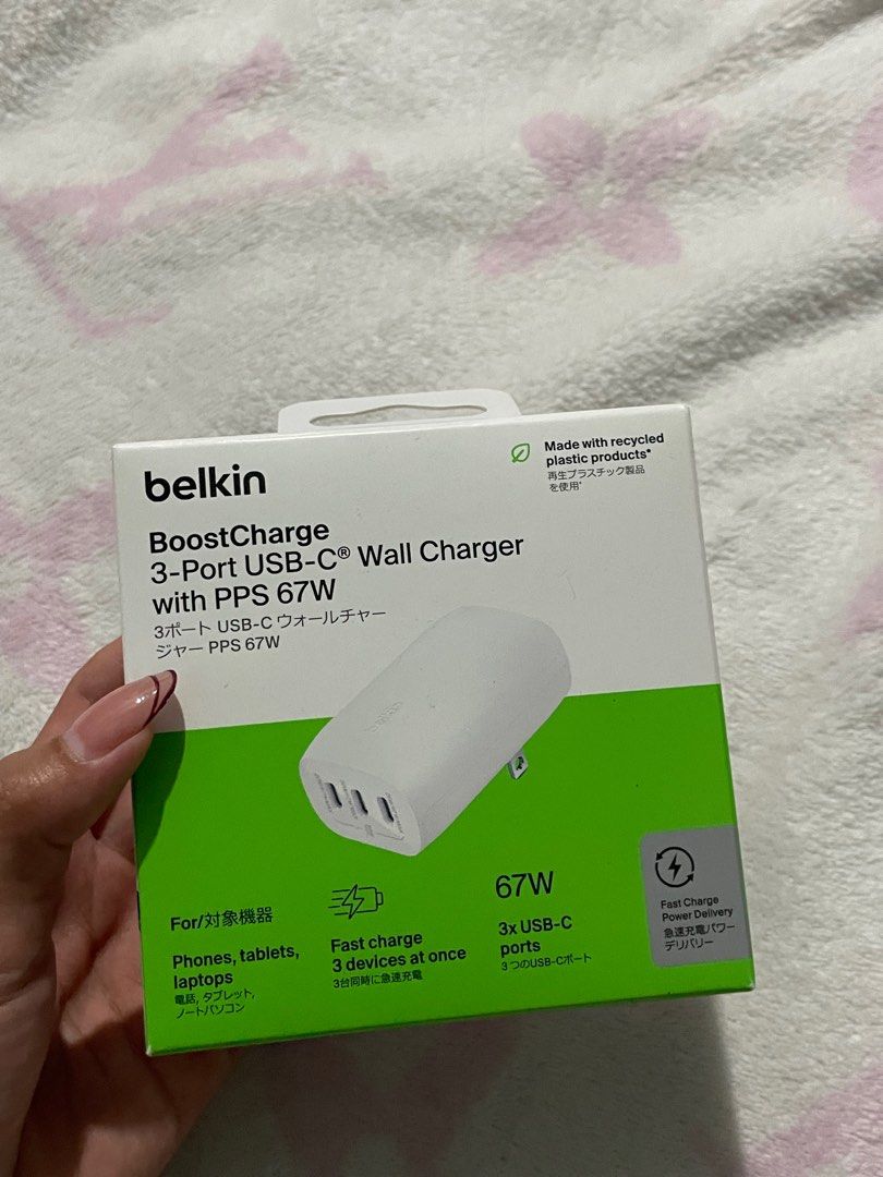 Belkin 3-port USB C wall charger (Category: Electrical, Adaptors & Sockets) located in Valenzuela. Submitted by riri_21 (Listing ID 1384964407, Image 2). Description: BRANDNEW SEALED BELKIN BOOST CHARGE 3-Port USB C Wall Charger * 3x USB-C ports * Fast charge three devices at once * Charge a laptop up to 67W when using a single port * Charge an iPhone 14 Pro from 0-50% in 25 minutes t and a Samsung Galaxy S23 Ultra from 0-50% in 23 minutes‡ * Sup