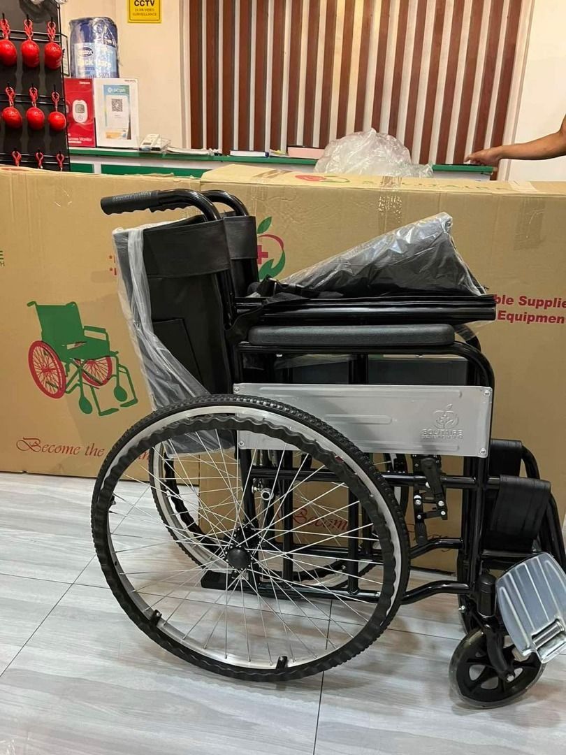 CLASSIC HEAVY DUTY WHEELCHAIR (Category: Medical Supplies & Tools) located in Quezon City. Submitted by zyra26 (Listing ID 1384874098, Image 2). Description: CLASSIC WHEELCHAIR AVAILABLE FOR PEDIA & ADULT Brand: Pro Health Care Front 8" PVC Castor Wheels Rear 24" PU Spoke wheels Seat width: 49cm N.W: 15kg/G.W:17kg Weight Capacity: 100KG Folded dimension: 90 x26x87cm Features: - Heavy Duty w/aluminum footrest - Chrome plated steel frame - Fixed ar