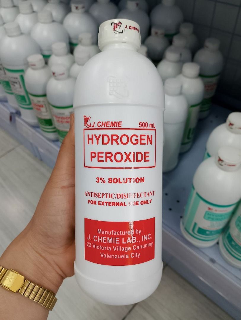 HYDROGEN PEROXIDE 3% SOLUTION (j.cheme) (Category: Medical Supplies & Tools) located in Quezon City. Submitted by andrea_dxs (Listing ID 1384880933, Image 1). Description: For cleansing, dilute one part with an equal parts of water. For external ear cleansing, dilute one part with 6 parts of water. As mouthwash, dilute one part to five parts of water which is suitable only for use by adults and children over 12 years and elderly. Administration: 