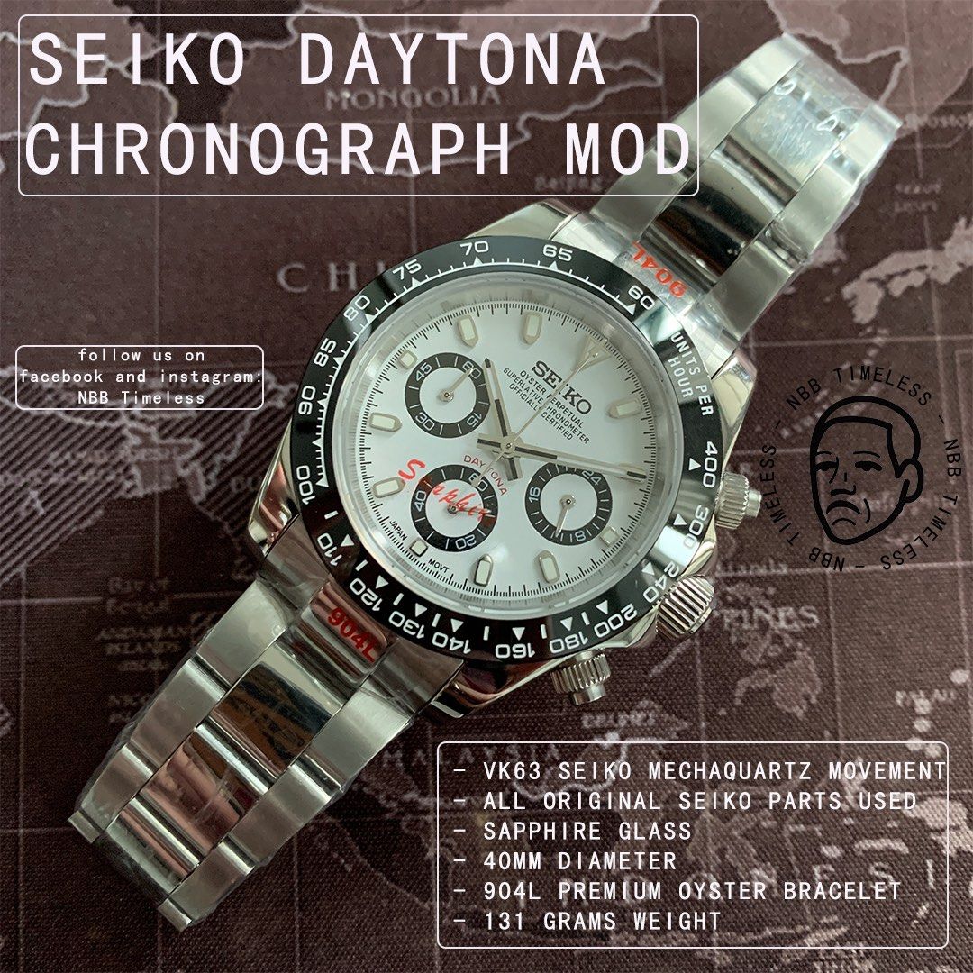 Seiko Daytona Chronograph Mod (Category: Luxury Watches) located in Pasig City. Submitted by nbb_hustle (Listing ID 1385002791, Image 1). Description: ❗️❗️FIRM PRICE AT ₱3,450 only. No more last price. 📍 This is a BRAND NEW WATCH. 📍 All parts are ORIGINAL SEIKO PARTS. 📍 Sapphire Flat Mirror Glass. 📍940L Premium High End OYSTER CLASP Bracelet. 📍 Running in SEIKO VK63 MECHAQUARTZ MOVEMENT. 📍 All CHRONOGRAPHS are 100% FUNCTIONAL. 📍 40mm Diame