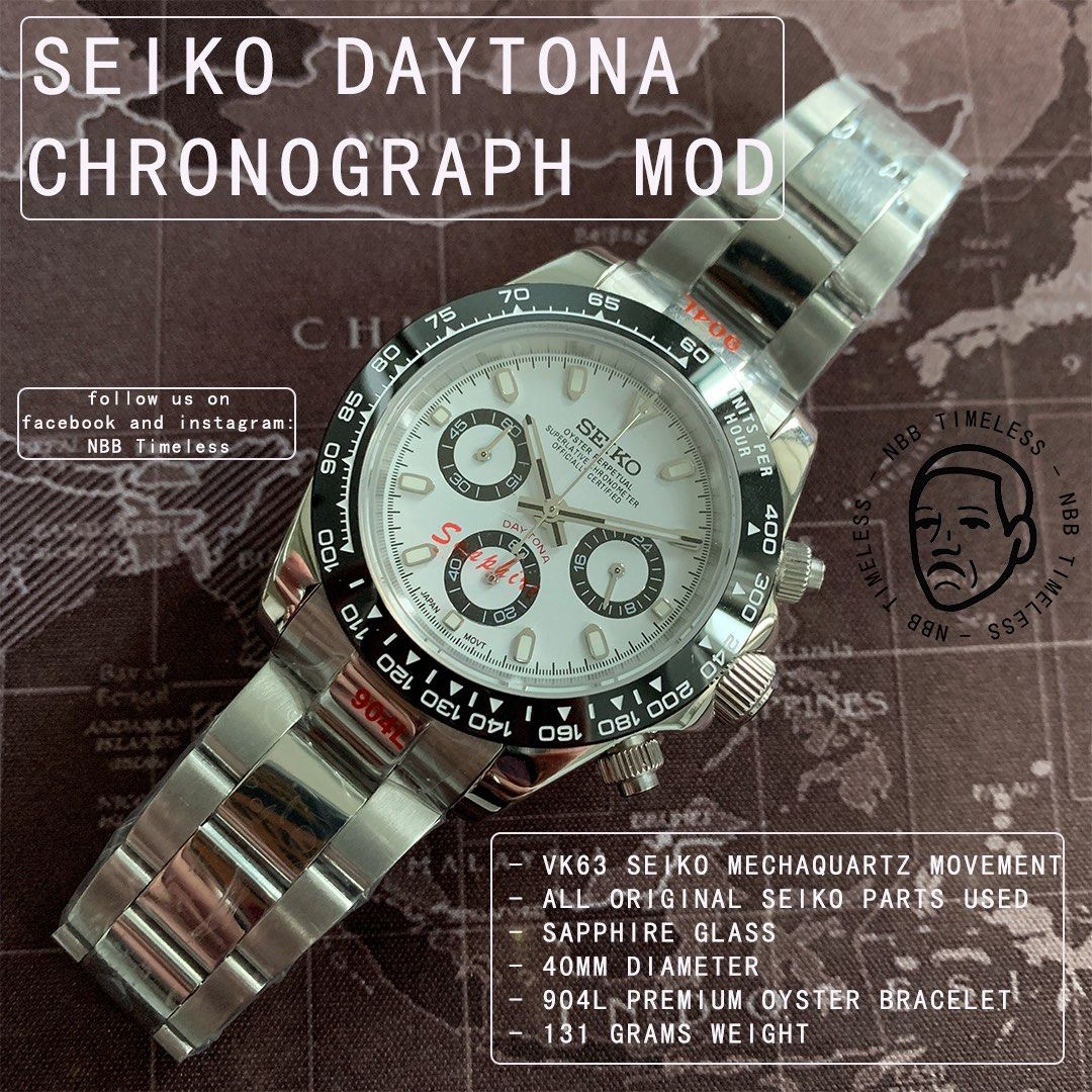 Seiko Daytona Chronograph Mod (Category: Luxury Watches) located in Pasig City. Submitted by nbb_hustle (Listing ID 1385002791, Image 2). Description: ❗️❗️FIRM PRICE AT ₱3,450 only. No more last price. 📍 This is a BRAND NEW WATCH. 📍 All parts are ORIGINAL SEIKO PARTS. 📍 Sapphire Flat Mirror Glass. 📍940L Premium High End OYSTER CLASP Bracelet. 📍 Running in SEIKO VK63 MECHAQUARTZ MOVEMENT. 📍 All CHRONOGRAPHS are 100% FUNCTIONAL. 📍 40mm Diame