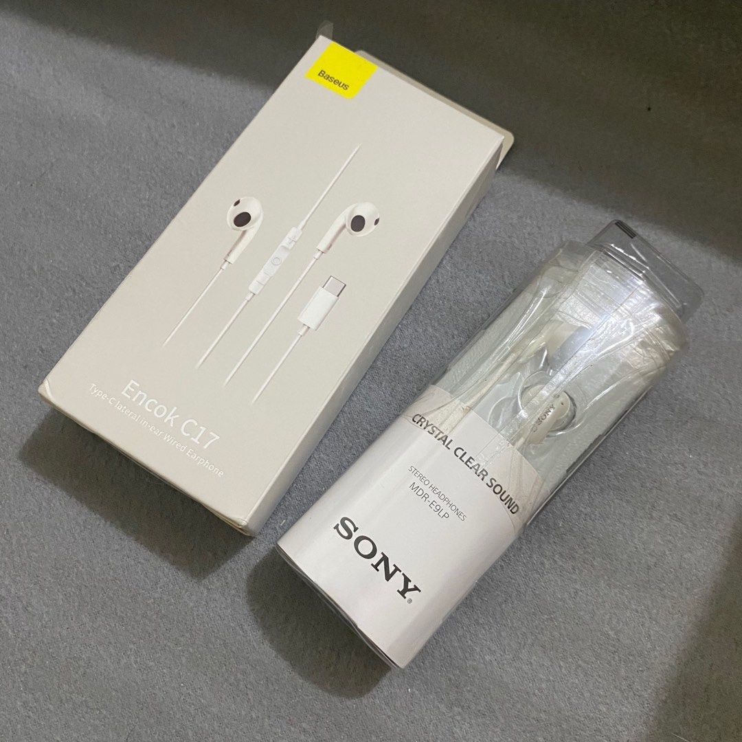 Wired Earphones: Baseus Encok C17, Sony MDR-E9LP (Category: Earphones) located in Pasig City. Submitted by suzybany (Listing ID 1384878742, Image 1). Description: Php 120: Baseus (Type C) - only opened but never used bc its not compatible with my phone Php 270: Sony (13.5mm Jack) - sealed.