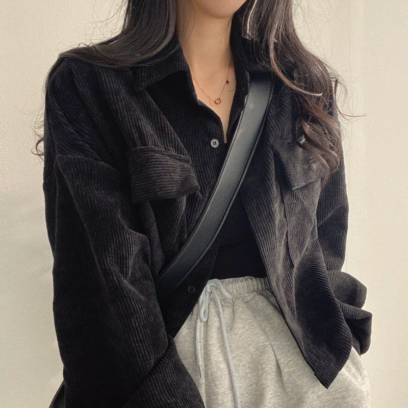 [3 FOR $5] Black Corduroy Overshirt Jacket - Size L (Category: Coats, Jackets and Outerwear) located in Singapore. Submitted by 4.44am (Listing ID 1380488801, Image 1). Description: Stylish black corduroy overshirt jacket. Features a classic button-down design with two front pockets. Perfect for layering or wearing on its own. Great condition, ready to wear! Ribbed material Barely worn Fits S-M, oversized.