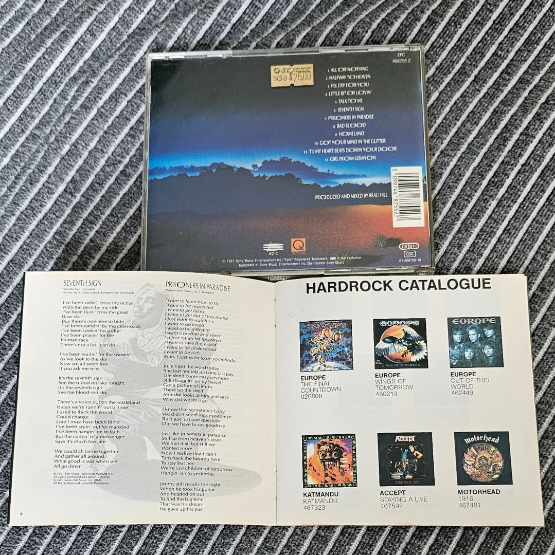 🌟 [CD Hard Rock] Europe – Prisoners In Paradise (1991) (Category: CDs & DVDs) located in Singapore. Submitted by strangecell (Listing ID 1385191253, Image 2). Description: Many more Various Genres: https://www.carousell.sg/p/1253907759 Electronic Dance, EDM, DJ Mix: https://carousell.com/p/1035784902 Easy Listening, Funk Soul, Lounge, Jazz, New Age, Chill-out: https://carousell.com/p/1028943398 ************************************** Self-collect