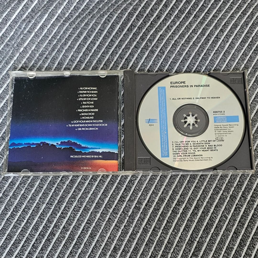 🌟 [CD Hard Rock] Europe – Prisoners In Paradise (1991) (Category: CDs & DVDs) located in Singapore. Submitted by strangecell (Listing ID 1385191253, Image 3). Description: Many more Various Genres: https://www.carousell.sg/p/1253907759 Electronic Dance, EDM, DJ Mix: https://carousell.com/p/1035784902 Easy Listening, Funk Soul, Lounge, Jazz, New Age, Chill-out: https://carousell.com/p/1028943398 ************************************** Self-collect