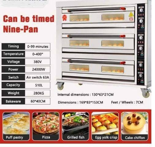 COMMERCIAL ELECTRIC 3 DECK OVEN WITH 9 PLATES (Category: Ovens & Toasters) located in Taguig. Submitted by mgracelim38484 (Listing ID 1385058357, Image 3). Description: ELECTRIC 3 DECK OVEN WITH 9PLATES (MANUAL) SPECIFICATIONS: Timing: 0-99 minutes Temperature: 0-400° Voltage: 380V Power: 240000W Switch: Air Switch 63A Capacity: 510L Weight: 280KG Bakeware: 60x40cm Dimensions: 169x83x153CM Internal Dimensions:130x63x153CM Feet/Wheels: 8CM ✅OUR WA