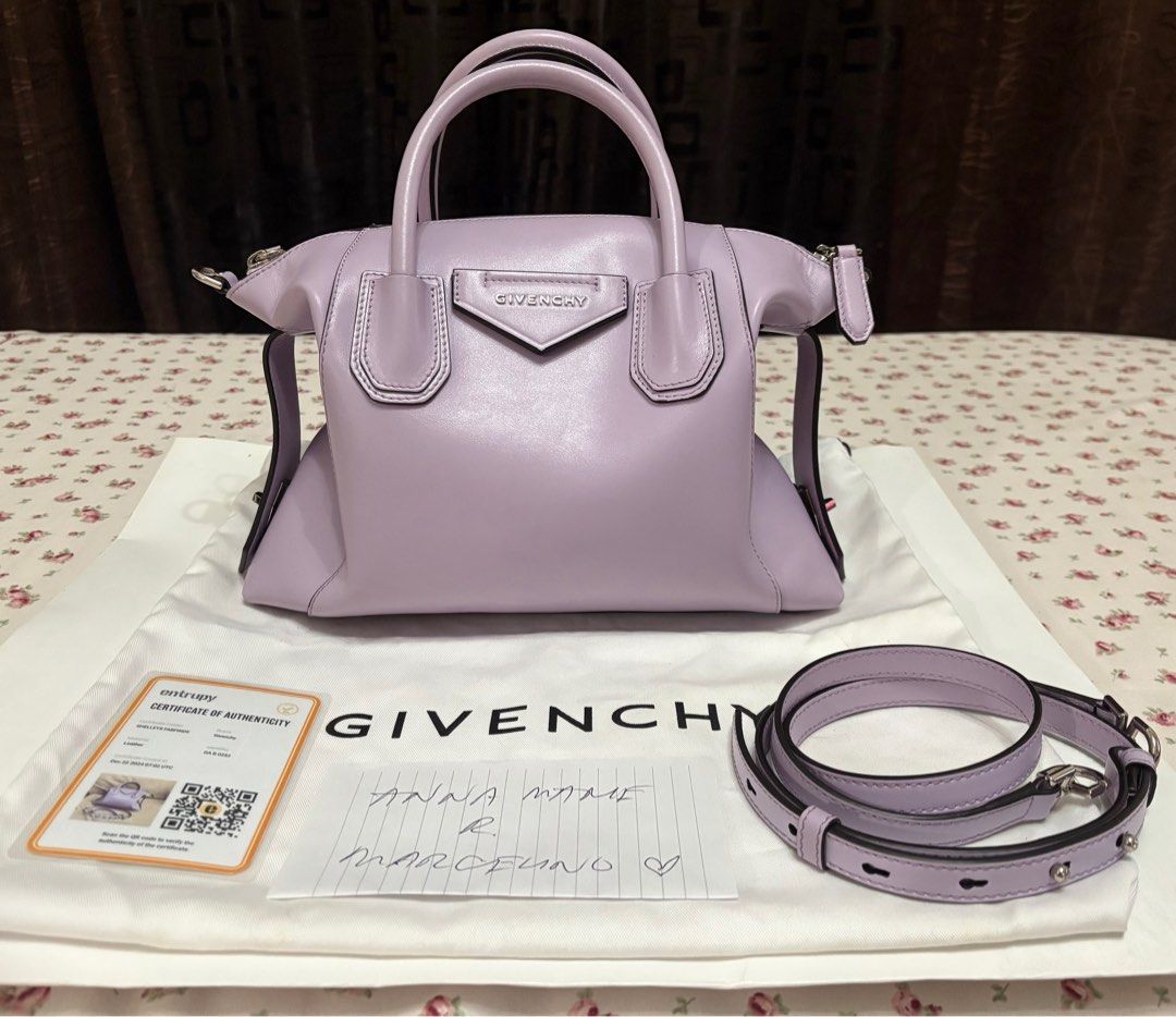 Givenchy soft antigona (Category: Luxury Bags & Wallets) located in Marikina City. Submitted by anna.marcelino4582 (Listing ID 1385179839, Image 2). Description: FS: Givenchy soft antigona ❤️❤️❤️ 📍 small & lilac in color 📍 Rank A; Very good used condition 📍 with dustbag & entrupy 📍 can be worn top handle or sling bag 📍 Marikina area 📍 open for layaway ₱45,000; slightly negotiable.