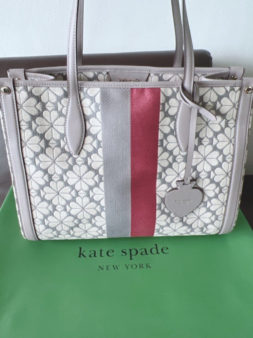 Kate Spade (Category: Luxury Bags & Wallets) located in Paranaque City. Submitted by nicetodealwith888 (Listing ID 1385144398, Image 3). Description: Kate Spade Spade Flower Jacquard Stripe Market Medium Tote Grey Multi DETAILS * 10.25”h x 11.75”w x 6.25”d * handle drop: 11” * spade flower jacquard with smooth leather trim * logo print faille lining * pinmount logo * tote with drop zip-top closure * interior snap pocket * interior slip pocket * i