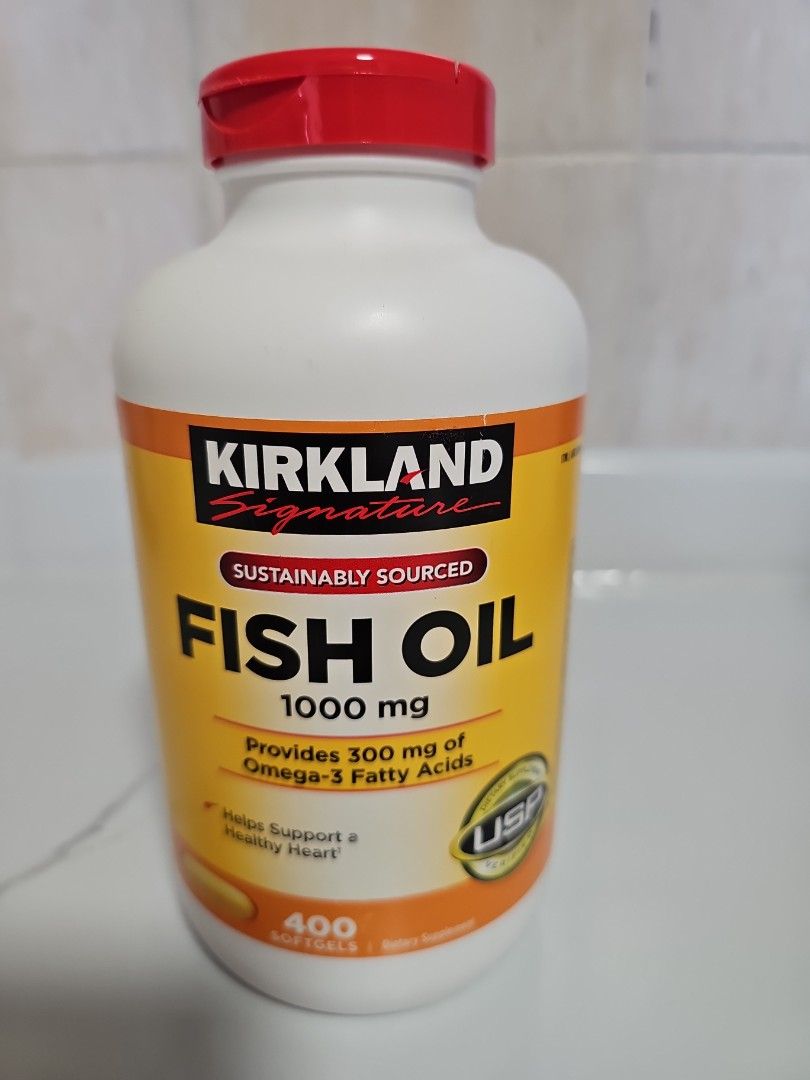 Kirkland Signature Fish Oil 1000mg - 400 Softgels (Category: Vitamins & Supplements) located in Singapore. Submitted by colourshubsg (Listing ID 1385069502, Image 1). Description: - Sealed and unopened - Kirkland Signature Fish Oil - 400 softgels per bottle - 1000mg fish oil per softgel - 300mg Omega-3 fatty acids per softgel - Expiry Date: Oct 2027 - Sustainably sourced.