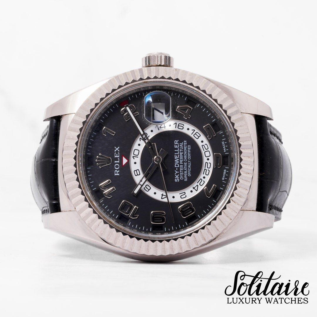 LIKE NEW Rolex Skydweller Leather Black Roman Dial 326139 (Watch & Box) (Category: Watches) located in Singapore. Submitted by solitaire.luxury (Listing ID 1385202896, Image 1). Description: Subscribe now for Monthly Mega Sale at our Tele : https://bit.ly/Solitaireluxury Brand : Rolex Model : 326139 Condition : LIKE NEW Dated : 2014-2018 Random Series Warranty : 1 Year Inhouse Warranty Box : Included Papers/Certification : No Size (Diameter) : 42