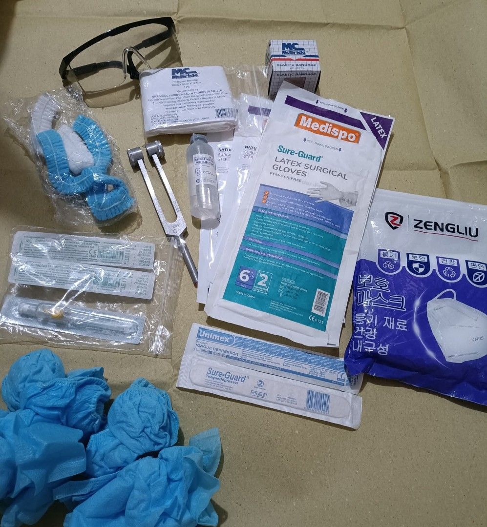 Medical Supplies (Category: Medical Supplies & Tools) located in Manila. Submitted by hannah1025 (Listing ID 1385086804, Image 1). Description: GET ALL FOR 500 (negotiable) Tuning fork with bell IV Cannula G24 (3pcs.) Disposable OR cap (3pcs.) Sterile Gloves (4pcs.) (Size: 6.5) Tongue Depressor (2pcs.) KN95 Face Masks (5pcs.) Sterile Water (50 mL) Triangular Bandage Medical Goggles Shoe Cover (4 pairs) Pen Light freebie: Multiple Syringes.
