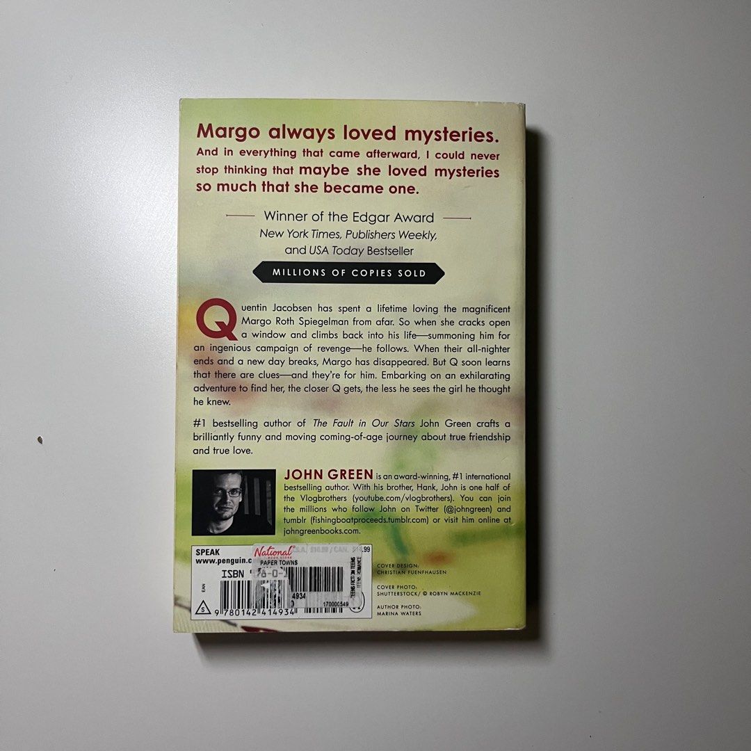 Paper Towns by John Green (Category: Storybooks) located in Quezon City. Submitted by uberimatcha (Listing ID 1385115587, Image 2). Description: Has foxing and discoloration but no other damages. Loc: QC MOP: Gcash/BDO Bank Transfer MOD: SDD via Lalamove or Grab.