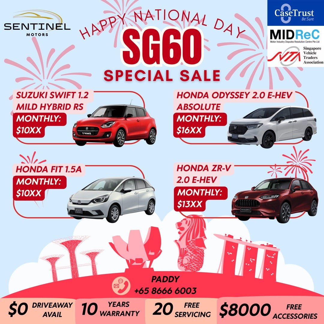 SG60 LIMITED TIME PROMOTION (Category: Parallel Imports) located in Singapore. Submitted by sentinelmotors (Listing ID 1379272185, Image 1). Description: 🇸🇬🎉 NATIONAL DAY PROMO 🎉🇸🇬 🔥 LIMITED TO 6 UNITS PER MODEL ONLY! 🔥 Grab your brand new Toyota, Honda, Nissan or Suzuki at an IRRESISTIBLE DEAL! 🚗 Choose from our best-selling new car models – now with exclusive National Day pricing and packages! 🔴 Strictly limited to 6 units PER MODEL –
