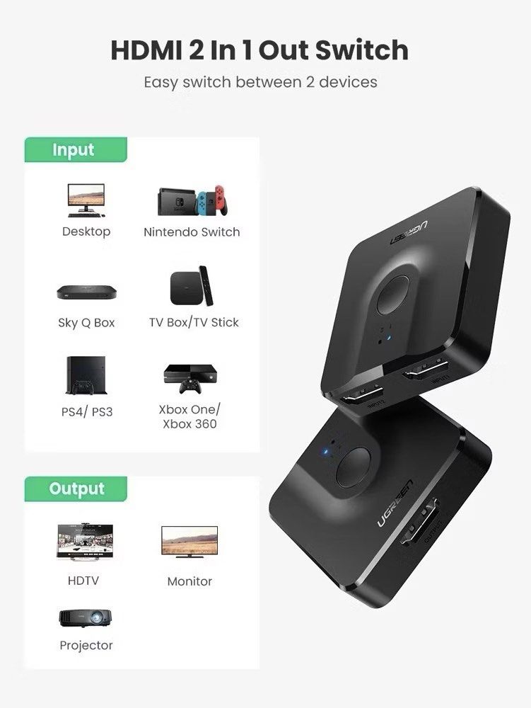 UGREEN 2 Port Bi Directional HDMI Switcher (Category: Cables & Adaptors) located in Makati City. Submitted by jc.cuerdo (Listing ID 1385205319, Image 3). Description: Description: Bi-Directional HDMI Switch UGREEN 2-in-1 Bi-Directional HDMI Switch lets you connect two HDMI Sources to one HDMI Display Output or connect on HDMI source to toggle between two HDMI Display Output. (Note: Does not allow two display outputs simultaneously) Video & Audio 