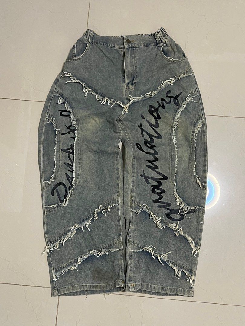 Y2k hiphop distressed jean pants (Category: Jeans) located in Manila. Submitted by bonyrr (Listing ID 1385111453, Image 1). Description: Minimal stain see last photo Freesize up to 34” .