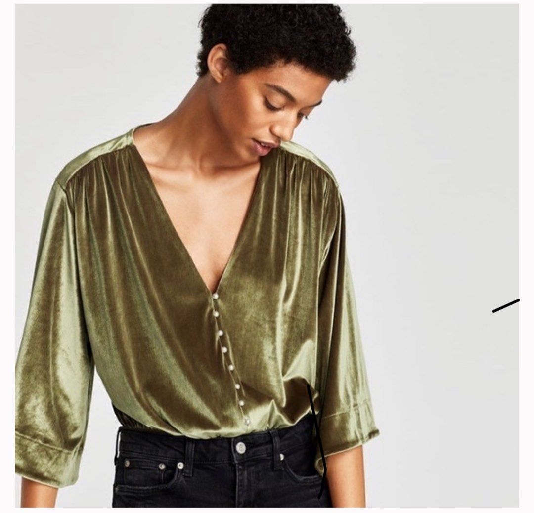 Zara Blouse/ Bodysuit (Category: Blouses) located in Manila. Submitted by jpclassics (Listing ID 1385100406, Image 2). Description: Zara Olive Green Velvet Blouse/ Bodysuit Good as new Used once only Size: Medium Color: Olive Green No when worn photo Color may vary due to lighting Last price posted RFS: decluttering.