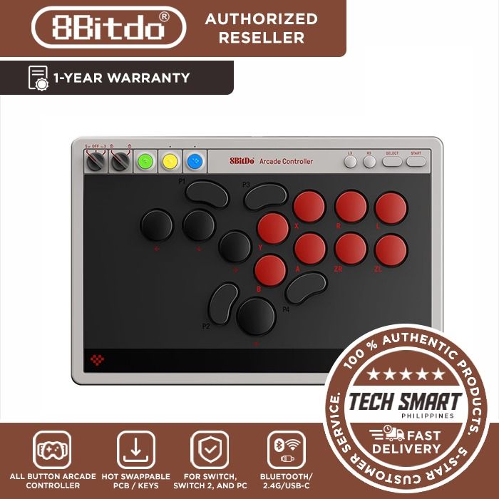 8BitDo All-Button Arcade Controller for Switch/Switch 2 & Windows – Bluetooth, 2.4G, Wired Connectivity, Low-profile Mechanical Switches, 4 Programmable Buttons, Hot-swappable PCB (Category: Controllers) located in Las Pinas. Submitted by techsmartph (Listing ID 1385376559, Image 1). Description: * Compatible with Switch/Switch 2 and Windows. 3 connection modes - Connect to Switch via Bluetooth, to Windows via 2.4G, or to either device via wired.