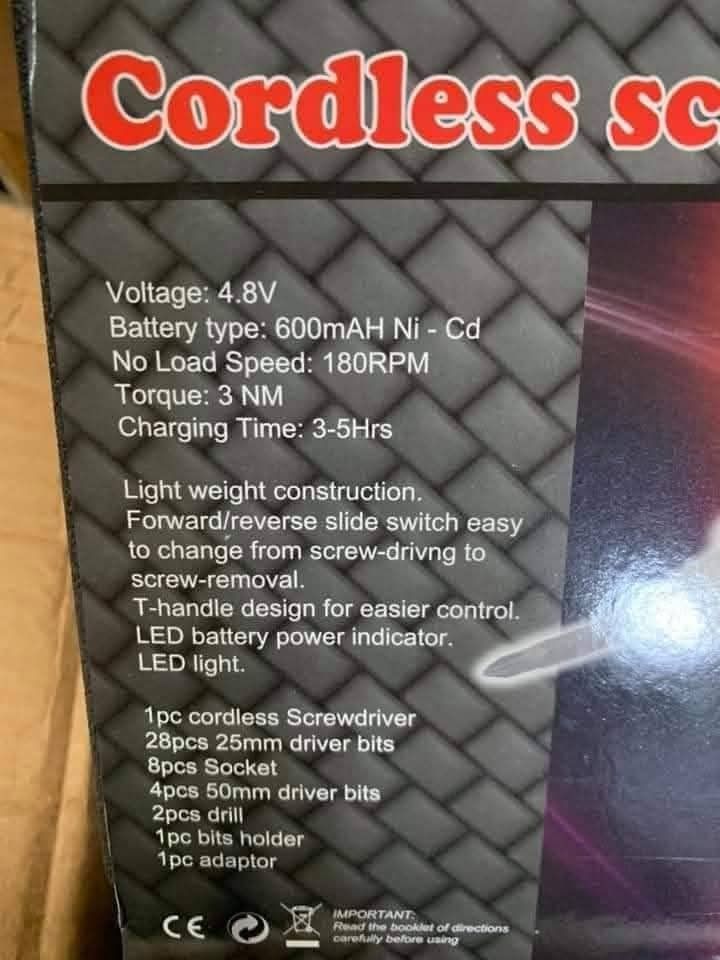 Cordless screwdriver set (Category: Construction Tools & Equipment) located in Manila. Submitted by asstditems (Listing ID 1385331755, Image 2). Description: Brand new / COD Same day delivery via Lalamove Location: Manila Pm for inquiries. Thank you!.