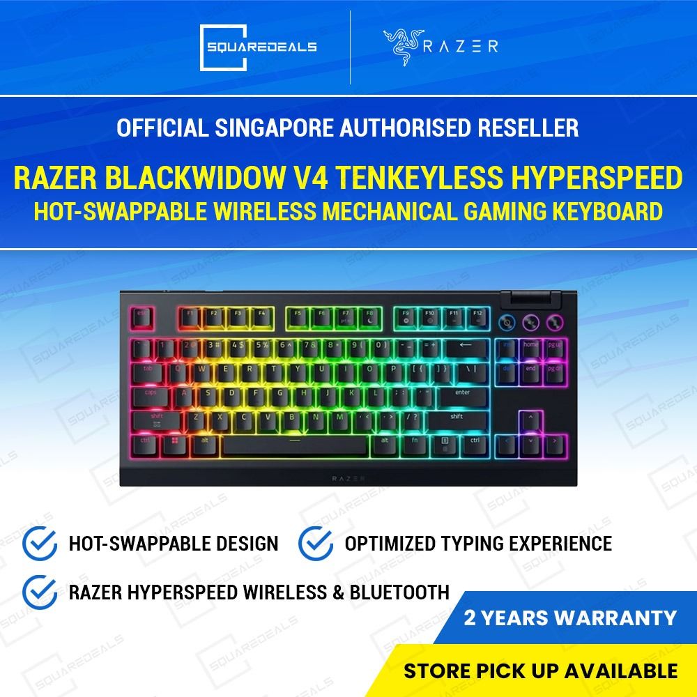 (FREE DELIVERY) Razer BlackWidow V4 Tenkeyless HyperSpeed Hot-swappable Wireless Mechanical Gaming Keyboard (Orange Tactile Switch)