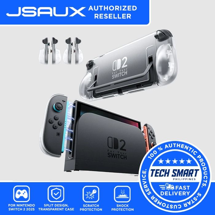 JSAUX Split Transparent Ergonomic Protective Case for Switch 2 (Category: Cases & Covers) located in Las Pinas. Submitted by techsmartph (Listing ID 1385377349, Image 2). Description: * [360° Full Protection]: Shield your Nintendo Switch 2 from daily mishaps with this transparent hard case. It offers complete protection for both the console and Joy-Cons, guarding against drops, impacts, scratches, dust, and fingerprints. * [Dock-Compatible Design