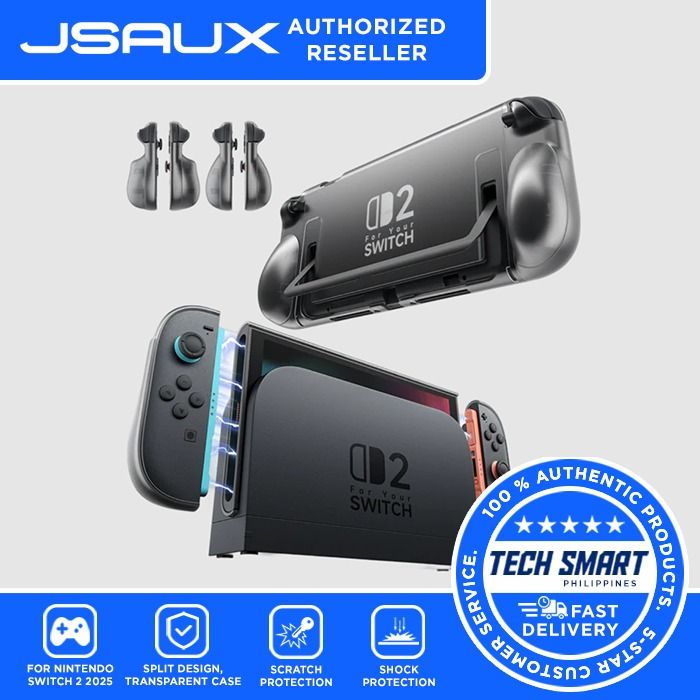 JSAUX Split Transparent Ergonomic Protective Case for Switch 2 (Category: Cases & Covers) located in Las Pinas. Submitted by techsmartph (Listing ID 1385377349, Image 1). Description: * [360° Full Protection]: Shield your Nintendo Switch 2 from daily mishaps with this transparent hard case. It offers complete protection for both the console and Joy-Cons, guarding against drops, impacts, scratches, dust, and fingerprints. * [Dock-Compatible Design