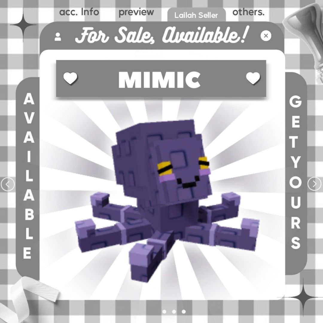MIMIC OCTOPUS | GROW A GARDEN | ROBLOX (Category: In-Game Products) located in Baliuag. Submitted by sxmplycollections (Listing ID 1385419029, Image 1). Description: 🌷 Welcome to SxmplyCollections Shop! 🌷 Are you looking for a specific pet? Allow me to assist you in finding the perfect one. How to Purchase: 1️⃣ Kindly provide a picture of the pet you wish to purchase. 2️⃣ Once we have finalized the agreement, I will send you the necessary payme