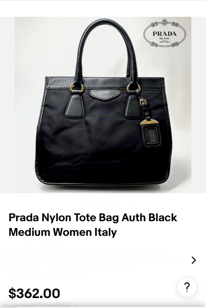 (Neg) Prada Nylon Leather Two Way Tote Bag (Category: Luxury Bags & Wallets) located in Quezon City. Submitted by sun.eri (Listing ID 1385363875, Image 2). Description: Preloved Authentic Prada Two-Way Tote Bag (Hand bag and crossbody bag) Still in very good condition and functional Flaw: Crack on one handle but the crossbosy strap is in excellent condition (see photo). ✔️ Comes with dust bag only 💬 Feel free to message for more details 👀 Pleas