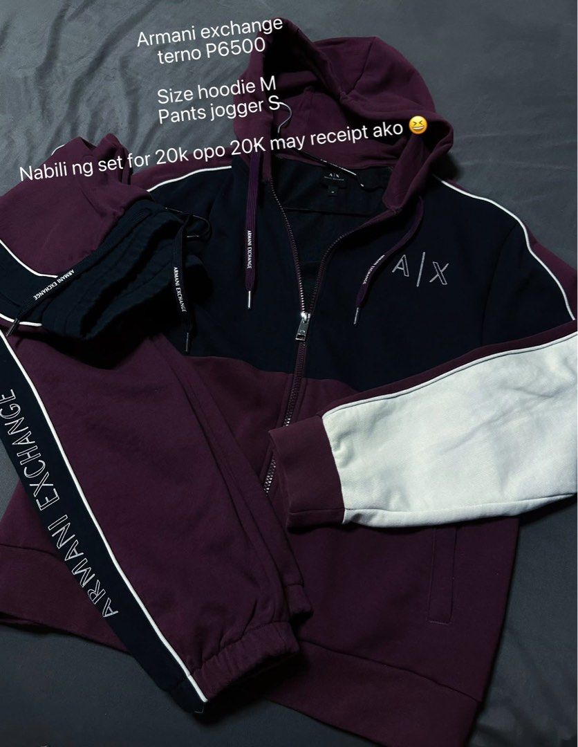 Authentic Armani exchange hoodie and jogger (Category: Hoodies) located in Dinalupihan. Submitted by rydeclutt (Listing ID 1385537948, Image 1). Description: Good as new nabili ng 20k set Hoodie size M Jogger pants size S.
