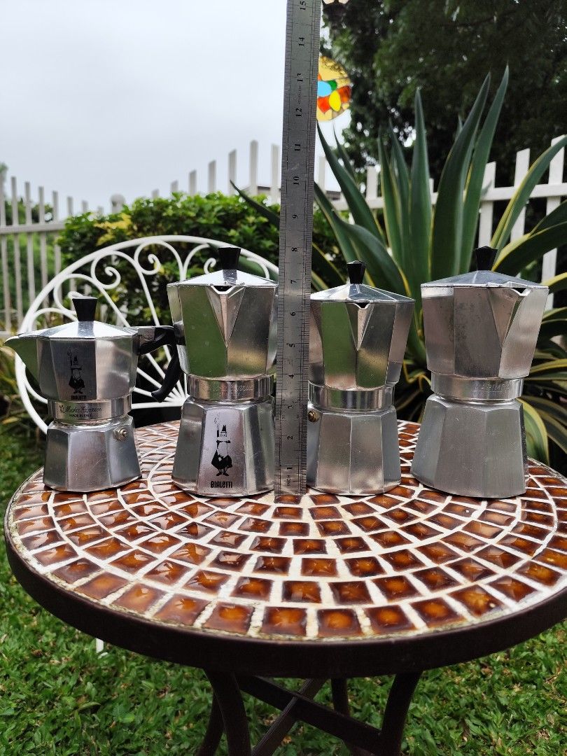Italy Coffee Moka Pots (Category: Coffee Machines & Makers) located in Davao. Submitted by papa1919 (Listing ID 1385496177, Image 2). Description: P1,700 - for the leftmost; 2 moka cups capacity, Bialetti Brand, Italy P2,200 - for the 2nd from the left; 4 moka cups capacity, Bialetti Brand , Italy (SOLD) P850 - for the 3rd from the left; 3 moka cups capacity, generic without any marking P1,800 - for the rightmost; 4 moka cups capacity, Marimba Br