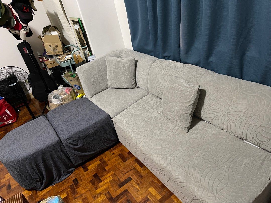 L shaped sofa Yellow Sofa for family (Category: Sofas) located in Las Pinas. Submitted by kmp1121 (Listing ID 1385435538, Image 2). Description: Yellow - original fabric Grey sofa cover with two pillow case included Rfs: does not fit space Seen in picture: dark grey sofa cover should be in the area where the luggages are but it does not fit See end photos of sofa without cover. There are stains. Proce is negotiable Delivery and pick up shouldered
