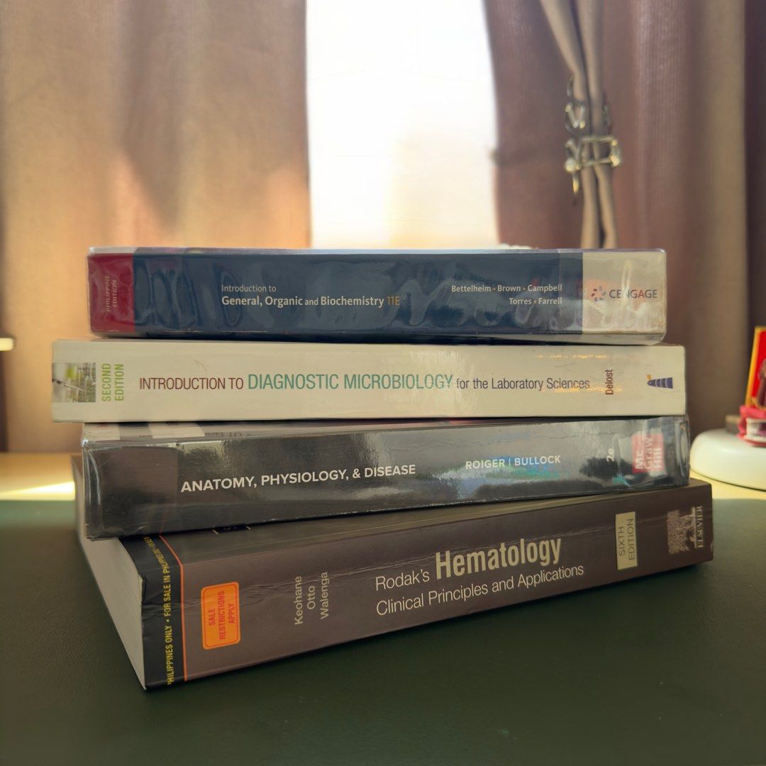 Med Tech Books (Category: Textbooks) located in Quezon City. Submitted by saltairnrust (Listing ID 1385508106, Image 1). Description: MT Books For Sale !!! 500 each, 1750 if take all ! Condition: * Used but not abused (with minimal highlights and annotations) * AnaPhy and Intro to Gen, Org, and Biochem with plastic cover Avail: * Rodak’s Hematology Clinical Principles and Applications. 6th ed. Keohane, Otto, Walenga. * Anatomy, Physiology, & Dise