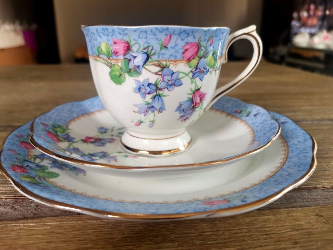 Royal Albert "Harebell" rare trio (Category: Coffee & Tea Tableware) located in Pasig City. Submitted by singledadreseller (Listing ID 1385523529, Image 2). Description: Royal Albert "Harebell" very rare trio Crown china Made in England Gold us intact but cup has micro crazings only seen through magnifying glass great as a display piece nalang 1 trio remaining.