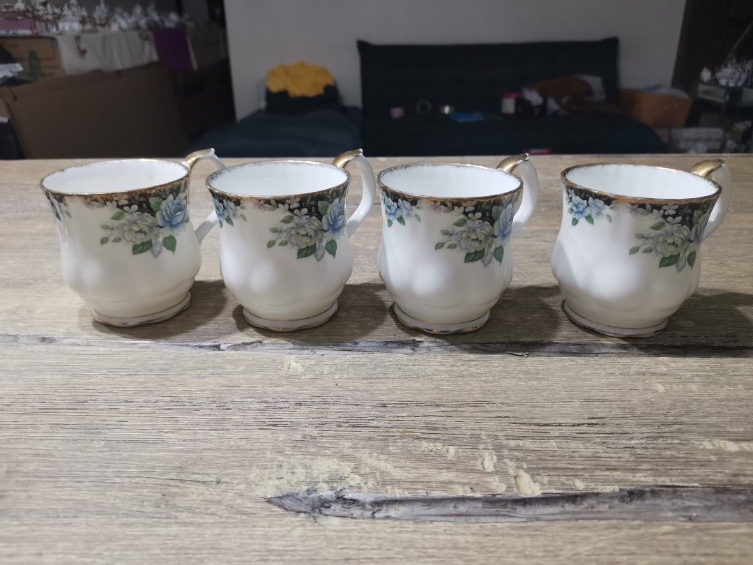 Royal Albert Sonatina mugs (Category: Coffee & Tea Tableware) located in Pasig City. Submitted by singledadreseller (Listing ID 1385550643, Image 1). Description: Royal Albert Sonatina mugs Bone china made in england has heavy goldloss 4 pc package get all 4 mugs for 2500 no cracks or crazings.