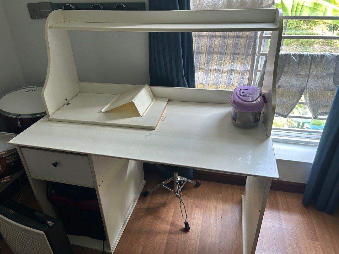 Study table (Category: Other Home Furniture) located in Subang Jaya. Submitted by chrisblack124 (Listing ID 1385462517, Image 2). Description: Lightly used white study/work desk with hutch and drawer, already dismantled for easy transport. Selling for RM50 (nego). Good condition with minor wear. Please arrange your own delivery — self-collection only..