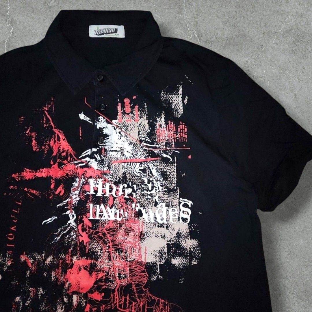 Topman Distinctive Design Grunge Polo Shirts (Category: Tshirts & Polo Shirts ) located in Quezon City. Submitted by autodrop_ph (Listing ID 1383230859, Image 1). Description: •Size: Medium Dimes: Width: 21 inches Length: 27 inches •Excellent Condition..