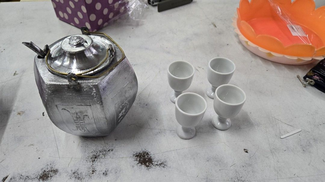 錫壺龍鳳紋龜鈕錫酒壺錫銚子錫德利錫製溫酒壺容量200cc 附4個磁器小杯