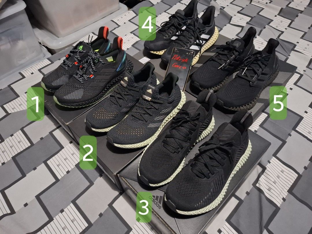 Adidas 4D FWD Future craft Alphaedge (Category: Sneakers) located in Quezon City. Submitted by beegrc (Listing ID 1385624447, Image 1). Description: FOR SALE ONLY! (MAGBASA NG BUONG DETALYE!) ALL ARE IN PRISTINE CONDITION (Personal pair) *NOT A BEATERS PAIR* ----REPRICED!----- ---IMPORTANT NOTE--- *NOTE: "Shipping (Lalamove/Grab)" or Meet-up @ Le village foodpark E.ROD lang po muna til further notice. 1. X9000 4D Condition: 9.5/10 Size: 9.5US (fi