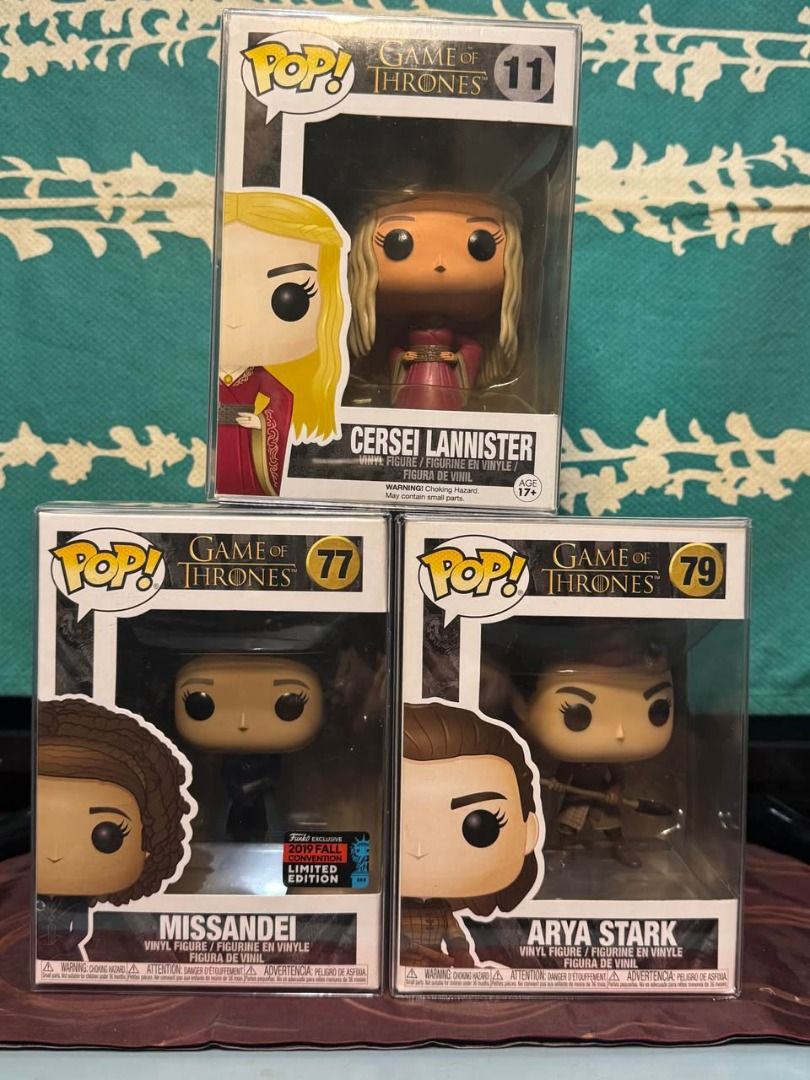 Game of Thrones - Funko Pop (Category: Designer & Blind Box Toys) located in Imus. Submitted by retrotroy (Listing ID 1385665166, Image 1). Description: Game of Thrones - Funko Pop Price: + Cersie Lannister - ₱800 + Arya Stark - SOLD + Missandei 2019 Fall Convention - ₱750 Description and Condition: + 11 - Cersie Lannister + 79 - Arya Stark + 77 - Missandei 2019 Fall Convention + Condition is 8.5-9/10 + Message me for additional photos Meet-up Lo
