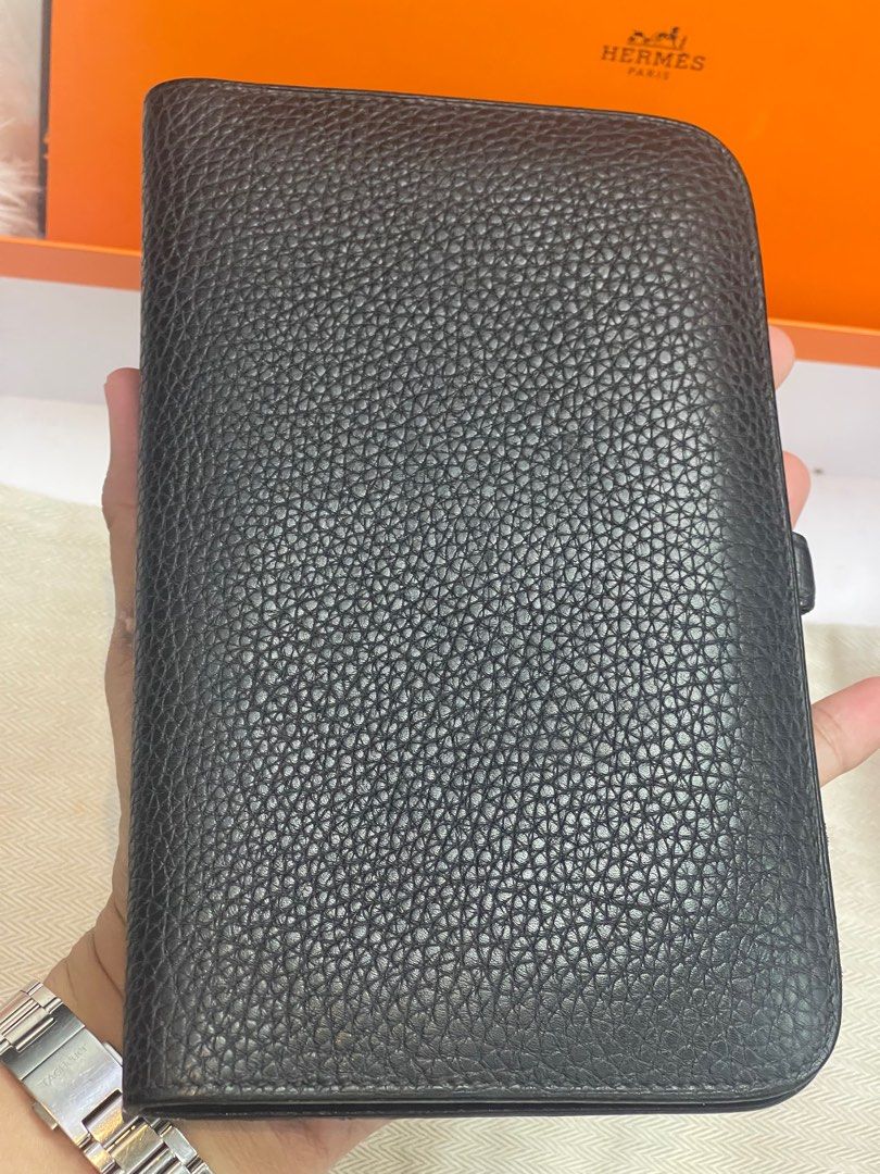 HERMES Dogon Noir Leather Duo Wallet (Category: Luxury Bags & Wallets) located in Taguig. Submitted by mluxeph (Listing ID 1385664568, Image 3). Description: HERMES Dogon Noir Leather Duo Wallet Gender: Ladies’ Material: Togo calfskin leather Stamp: Square Q Year: 2013 Interior: Five small flat pockets, two larger pockets, one removable zip pouch with two flat pockets Measurements: 7.75”L X 1”W X 5”H Handle Drop: None Hardware: Palladium Inclusio