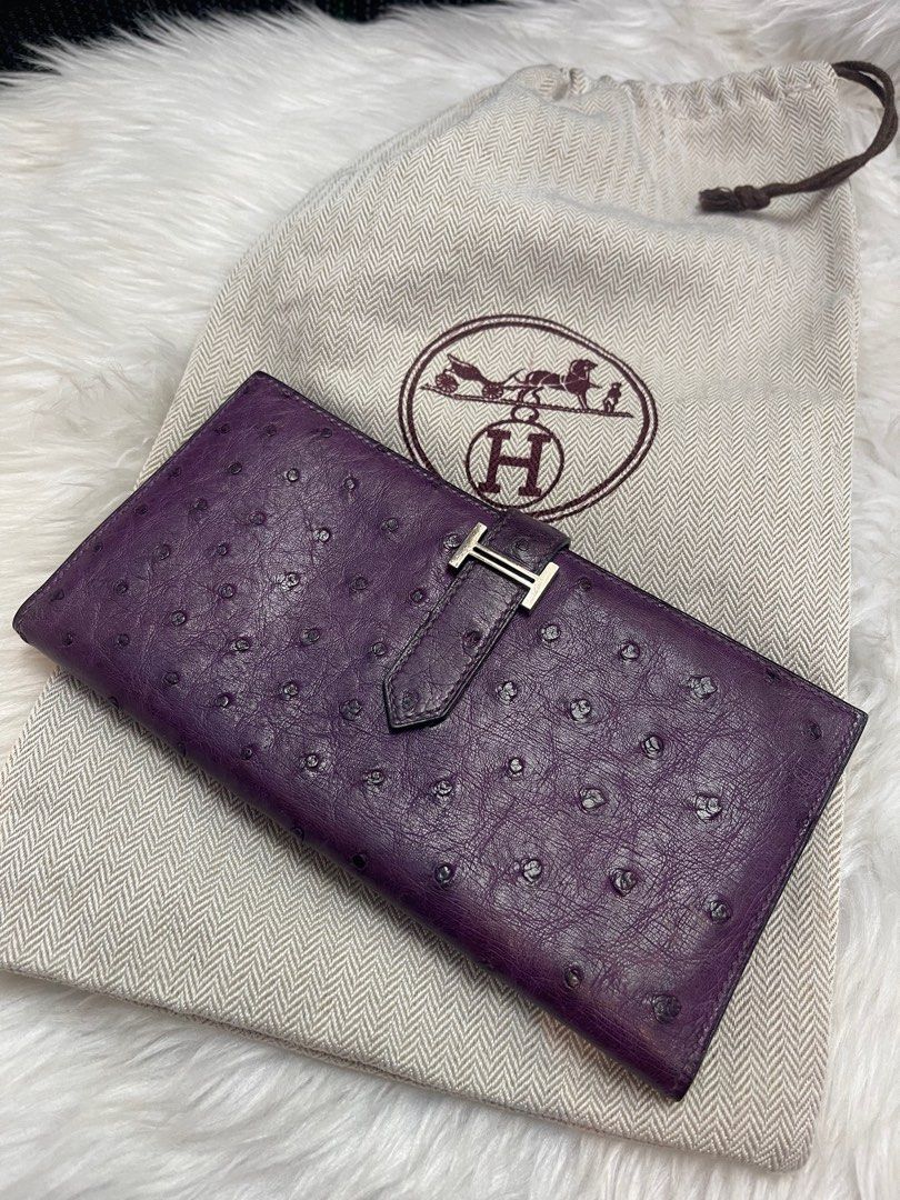 HERMES Violine Ostrich Leather Bearn Wallet (Category: Luxury Bags & Wallets) located in Taguig. Submitted by mluxeph (Listing ID 1385649759, Image 1). Description: HERMES Violine Ostrich Leather Bearn Wallet Gender: Ladies’ Material: Ostrich Leather Stamp: Square N Year: 2010 Interior: Five Card Slots, Three Bill Pockets, One Gusseted Open Pocket and One Zipper Pocket Measurements: 6.9”L X 0.5”W X 3.5”H Hardware: Palladium Inclusions: Original D