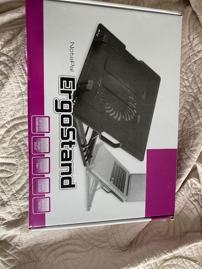 Laptop ergo stand with cooler fan (Category: Other Accessories) located in Makati City. Submitted by lucky_gmcres (Listing ID 1385762491, Image 1). Description: Hardly used laptop ergostand with cooler fan and can adjust the height of tilt.In pristine condition..