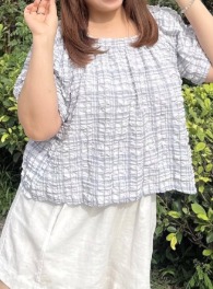 淺藍色格仔抓皺暗紋TOP64234667378691110