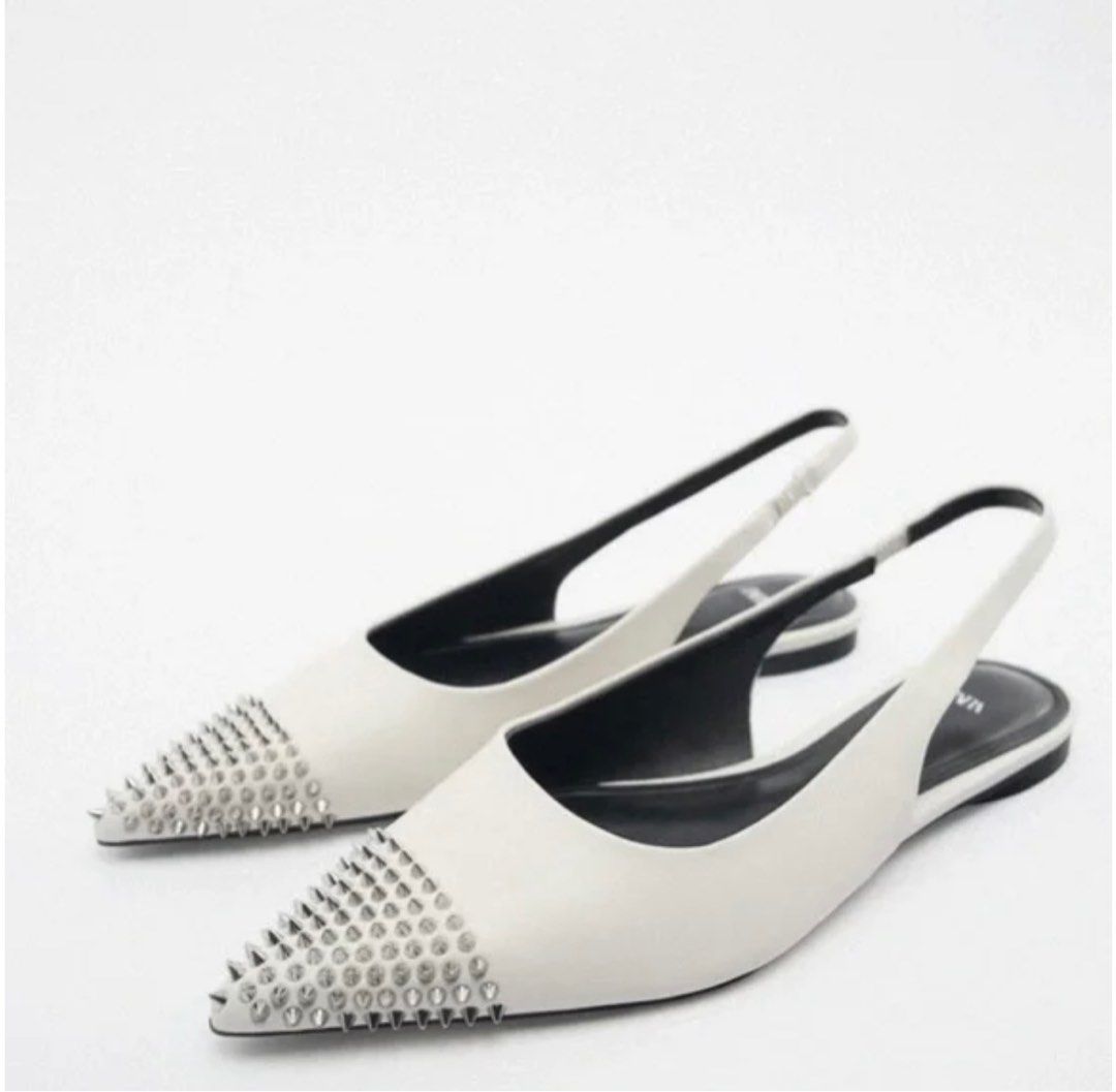 Zara studded leather slingback ballet flats (Category: Flats & Sandals) located in Paranaque City. Submitted by declutter_therapy (Listing ID 1385763179, Image 1). Description: Size: 38 Issues: wear on leather cover on garter but fits perfectly (see photos) .