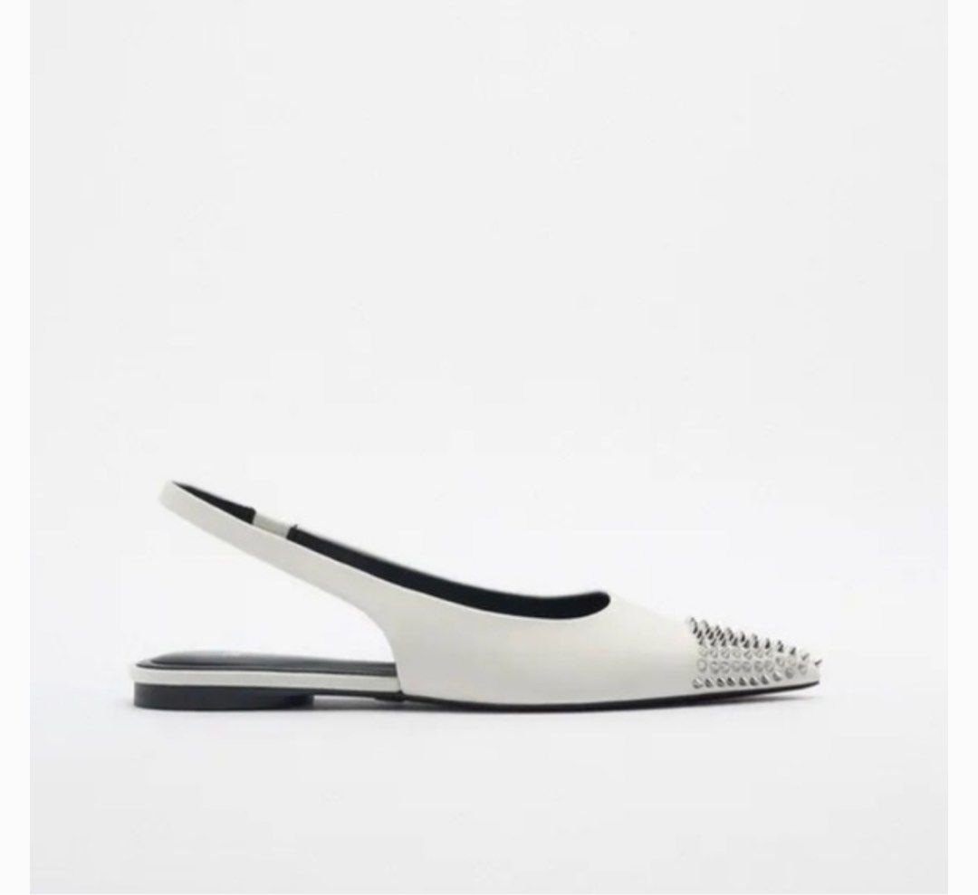 Zara studded leather slingback ballet flats (Category: Flats & Sandals) located in Paranaque City. Submitted by declutter_therapy (Listing ID 1385763179, Image 2). Description: Size: 38 Issues: wear on leather cover on garter but fits perfectly (see photos) .
