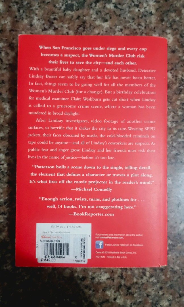 14th Deadly Sin James Patterson & Maxine Pietro (Category: Storybooks) located in Malolos. Submitted by chette_im (Listing ID 1390220753, Image 2). Description: 14th Deadly Sin by James Patterson and Maxine Paetro 14th of 23 books in the Women's Murder Club series Decluttering pm for details, negotiable.