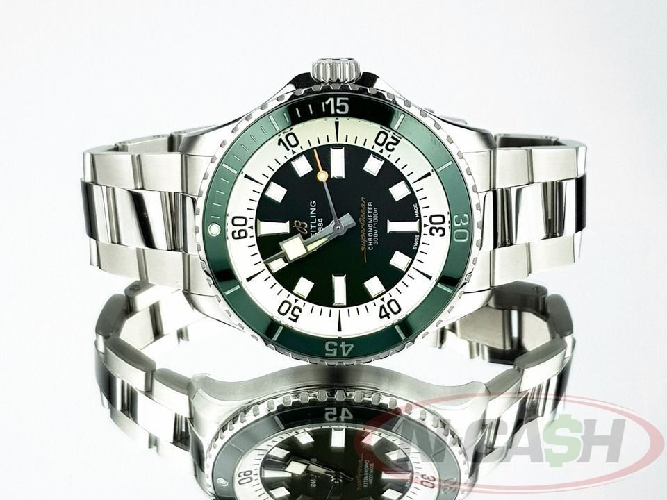 Breitling SuperOcean 44 Green Dial (Category: Luxury Watches) located in Quezon City. Submitted by luxury_by_n-cash (Listing ID 1390192531, Image 2). Description: N-Cash Pawnshop "Instant Cash for Bags, Watches, Cars, and Electronics" https://www.ncash-pawnshop-philippines.com/ Breitling SuperOcean 44 Green Dial Ref. No. A17376 (A17376A31L1A1) 44mm case Breitling 17 automatic movement Steel bracelet Current retail price of Php 320,000 New Old Sto