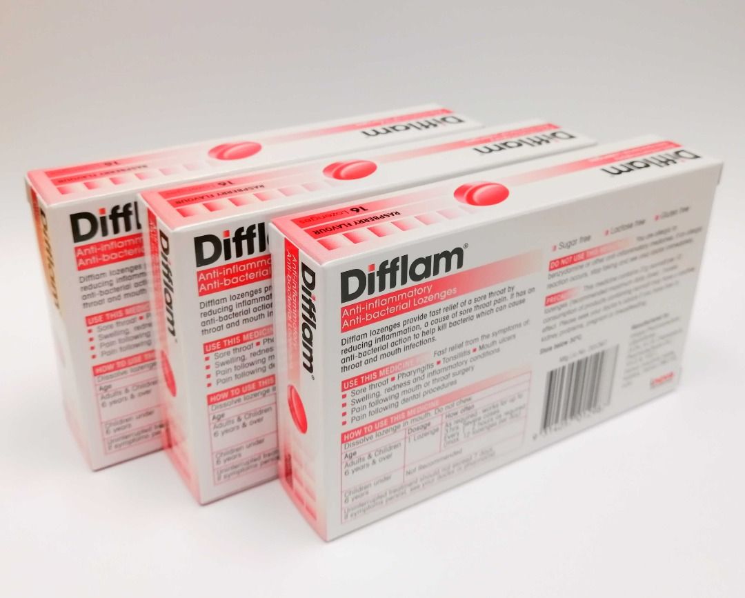 🔴🍒 Difflam Anti-inflammatory Anti-bacterial Lozenges Raspberry Flavour ...