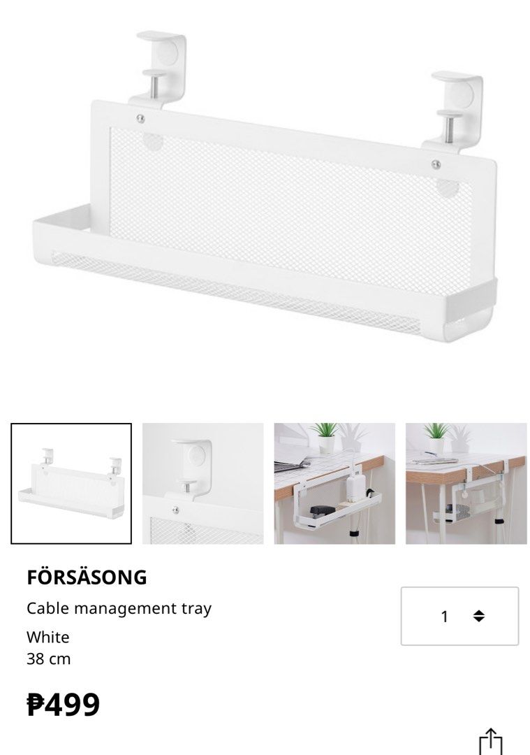 Ikea Forsasong - Cable Management Tray (Category: Storage Boxes & Baskets) located in Antipolo. Submitted by reformity (Listing ID 1390225785, Image 2). Description: RFS - doesnt fit my table Collects your electric and computer cables under the desk, making it easier to keep your workspace clean and tidy. Simple to clamp onto your desk or any other horizontal surface with a thickness of 5/8 - 1 5/8”. You can easily keep your cables neatly gathere